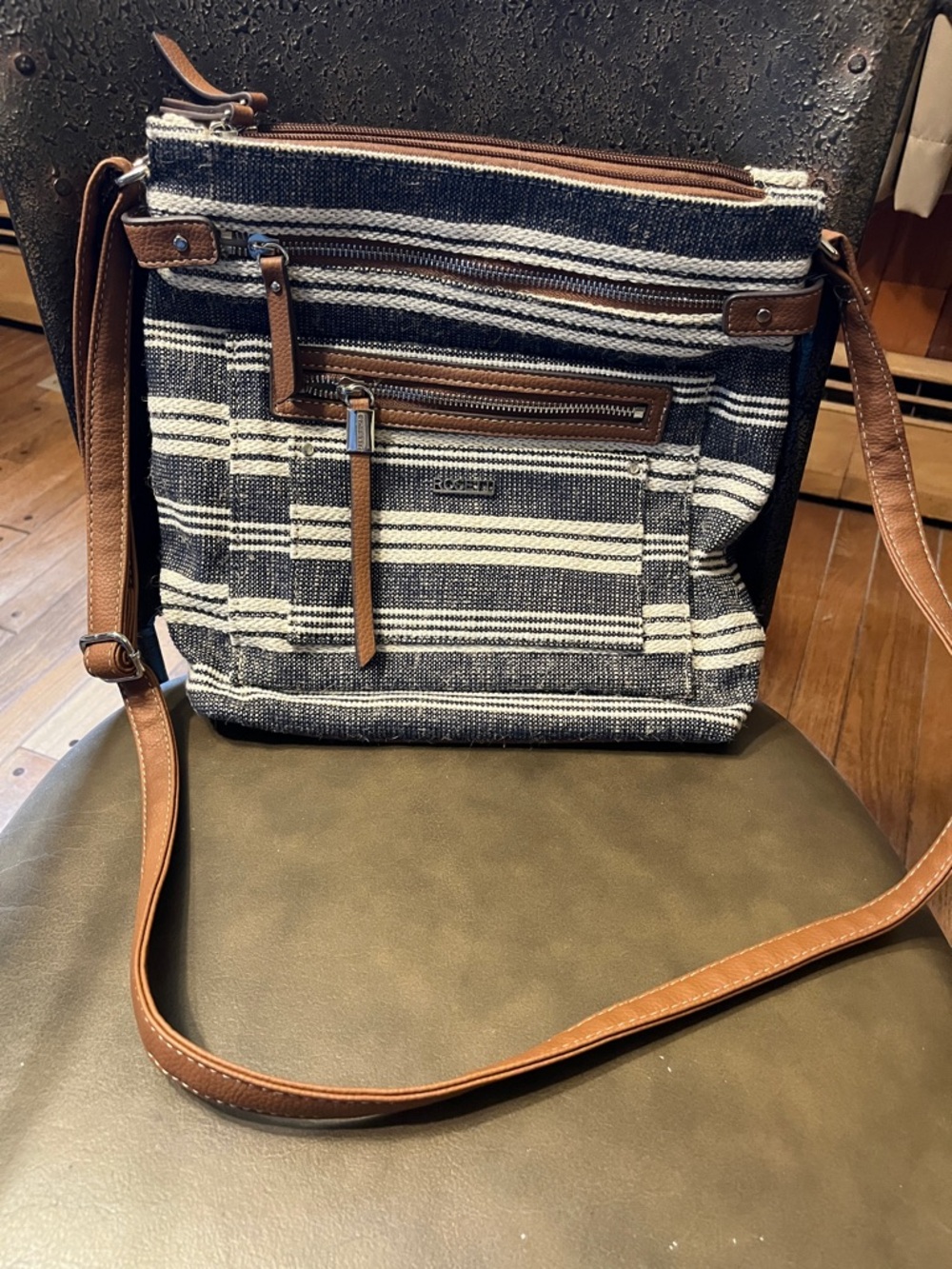Striped Crossbody Shoulder Bag with Brown Trim